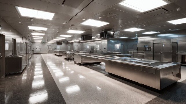 Spacious clean commercial kitchen featuring an array of professional stainless steel equipment and preparation tables, highlighting hygiene and readiness for food production