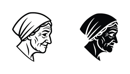 Profile portrait of elderly woman wearing a headscarf in outline and black silhouette graphic style © Quantum