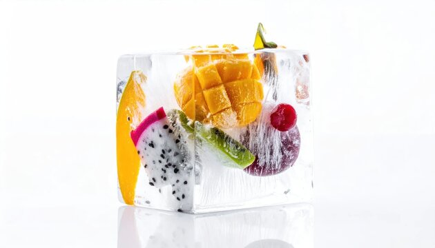 Colorful Tropical Fruit Frozen in Clear Ice Cube on White Studio Background