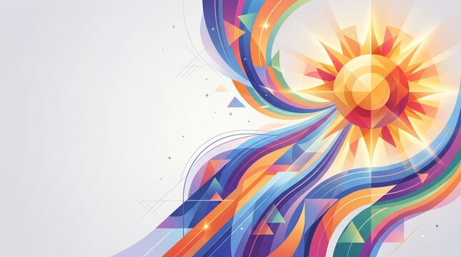 Vibrant abstract sun with colorful radiating light rays on textured background