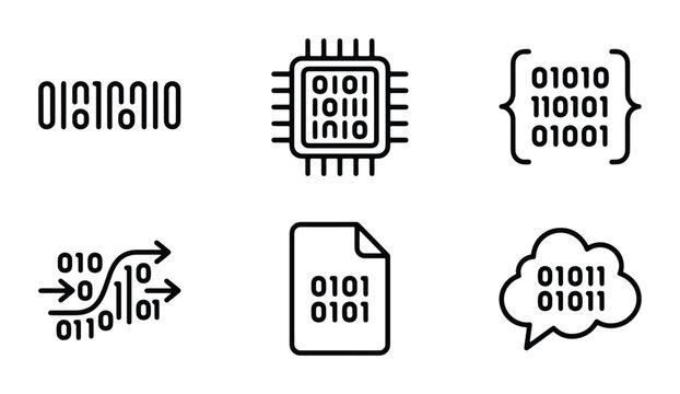 Binary Code Icons Set, Digital Data Symbols, Computer Chip and Programming Brackets, Technology and Information Concepts, Vector Graphics