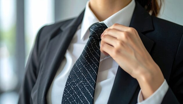 Confident Businesswoman Adjusting Necktie in Modern Office Setting