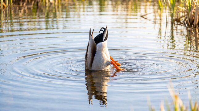 Mallard duck feeding upside down in tranquil pond water  