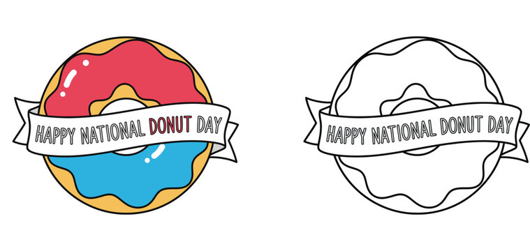 Happy National Donut Day coloring page, festive holiday activity sheet with a colorful badge illustration and a black and white line art version for kids and adults.
