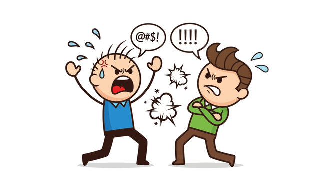 Two angry cartoon men arguing with speech bubbles and symbols of anger, illustration