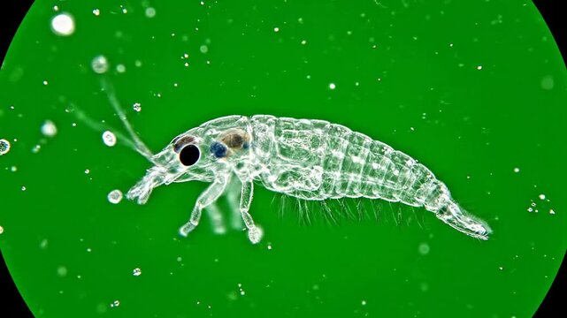 Magnified View of a Transparent Shrimp-Like Organism Swimming Among Bubbles on a Vibrant Green Background