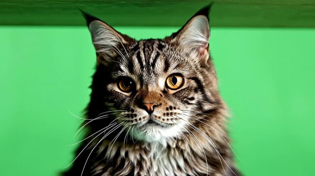 Maine Coon Cat with Striking Yellow Eyes and Bushy Whiskers Resting Under Green Background