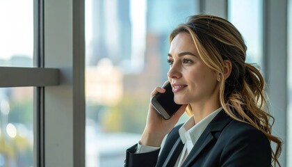 Fototapeta premium Confident Young Businesswoman Talking on Smartphone Beside Office Window