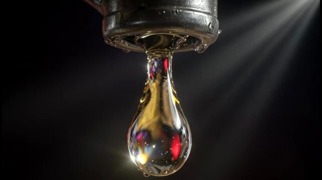 Macro slow-motion shot of a gasoline droplet symbolizing fuel scarcity and rising value of energy resources