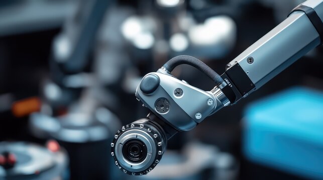 Robotic arm equipped with an optical camera system analyzing components, demonstrating advanced automation, machine vision, and artificial intelligence in modern manufacturing processes