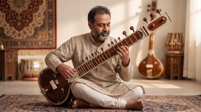 Man playing sitar while sitting on a rug in a cozy room  