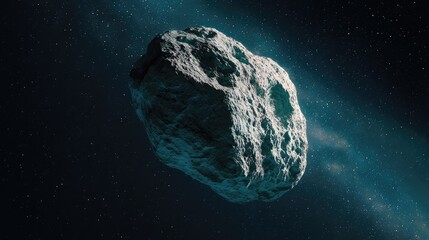 Fototapeta premium Asteroid drifting through the dark cosmos, its rough, cratered surface lit by distant stars and nebulae, evoking deep space exploration, motion and discovery