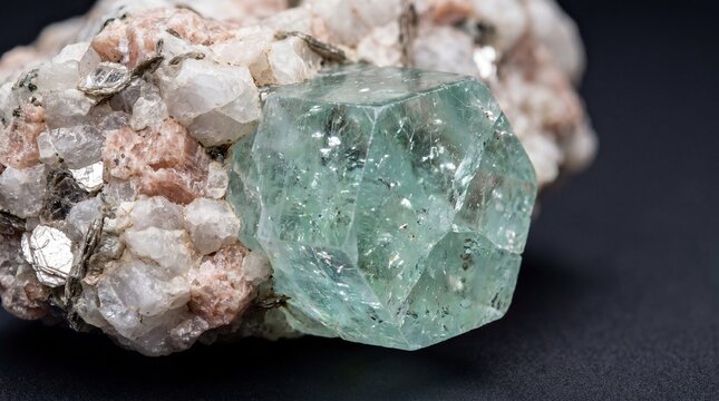 Beryl crystal embedded in pegmatite rock on dark background  
