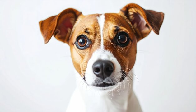 Curious Brown and White Dog Looking at Camera Against Plain Light Background