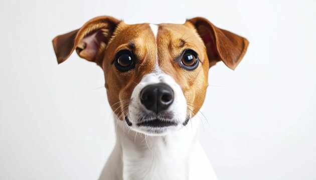 Curious Brown and White Dog Looking Forward Against Plain Light Background