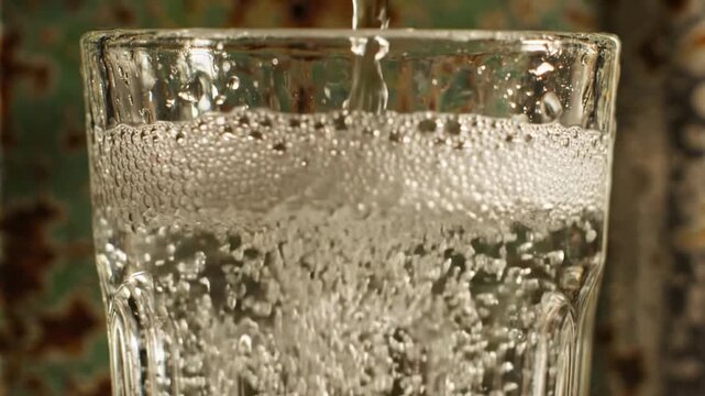 Fresh sparkling water being poured into a tall textured glass in a warm indoor setting for hydration and refreshment concept with air bubbles and fizzing close up shot