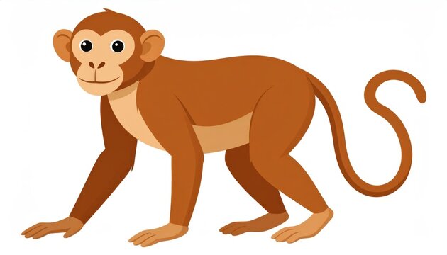 Cute Brown Cartoon Monkey Standing on White Background