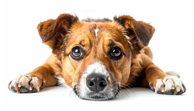 Cute Brown Dog Lying Down and Looking Forward on White Studio Background