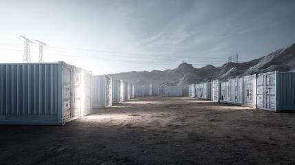 Fototapeta premium Industrial battery energy storage site composed of stacked container units linked to a high voltage transmission grid, set against mountains and blue sky in a remote landscape