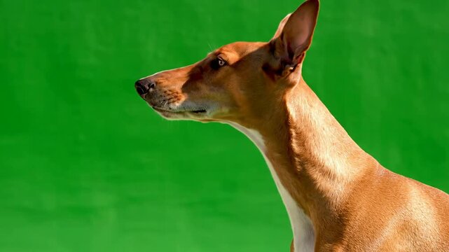 Profile View of a Basenji Dog with Alert Expression Against a Bright Green Solid Color Background