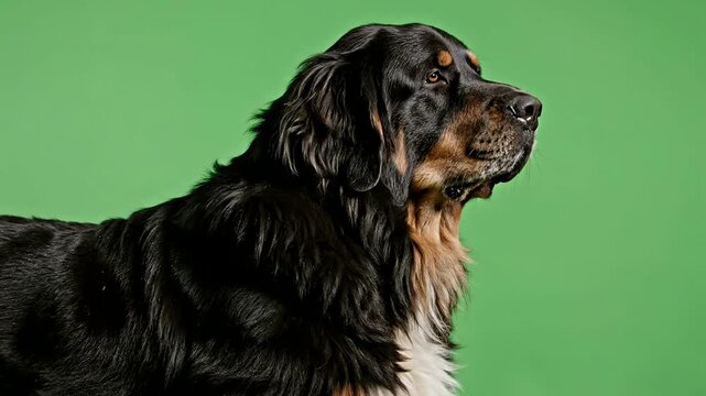 Profile View of a Large Black and Brown Dog Against a Bright Green Background in a Studio Setting