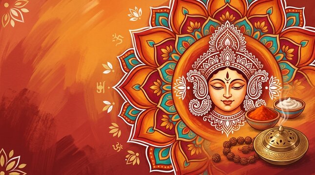 Vector Illustration of Goddess Durga Face with Traditional Mandala, Kumkum, and Incense Burner for Indian Festival Concept