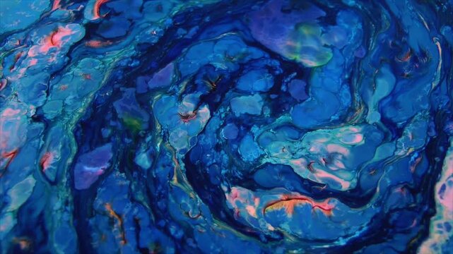 Abstract swirling paint texture in deep blue and turquoise with organic patterns