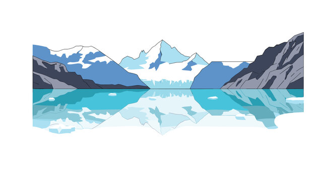 A tranquil frozen lake captures the reflection of snow-capped mountain peaks while small ice chunks float on the clear light blue water in a winter scene.