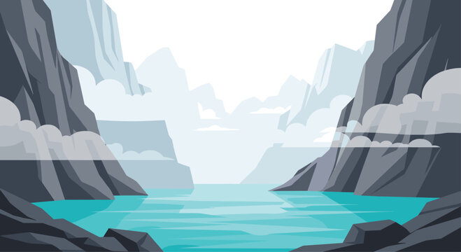 A vivid turquoise river flows between steep jagged gray mountain cliffs under a cloudy sky in this dramatic landscape illustration with a vibrant color palette.