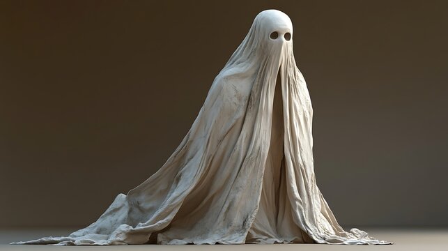 Ethereal Ghostly Figure Draped in Flowing White Fabric in a Dark Atmospheric Haunted Environment.