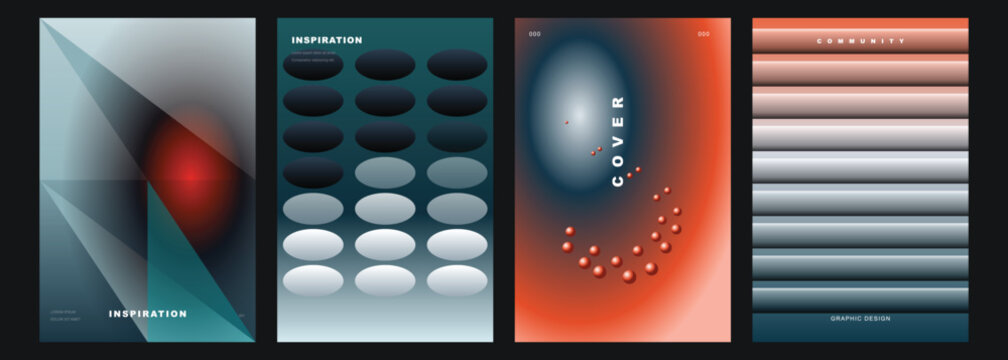 Set of creative graphic design posters titled inspiration and community featuring abstract gradient backgrounds with three dimensional spheres and horizontal bar.