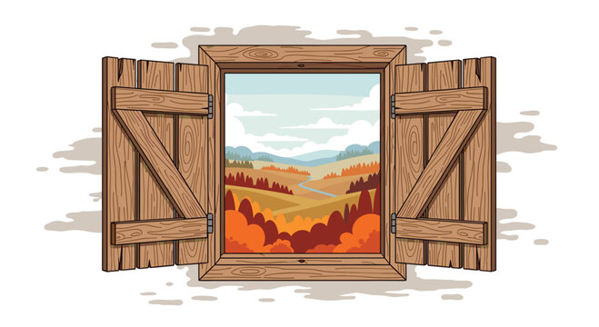 An open rustic wooden window frame offers a picturesque view of a serene autumn landscape featuring rolling hills and colorful foliage under a bright sky.