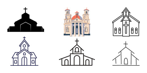Set of Religious Church Building Illustrations Featuring Detailed Architectural Drawing and Minimalist Line Art Icons © Png Stock