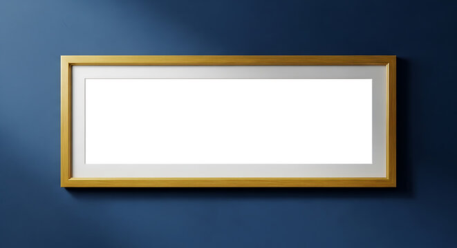 Horizontal wooden panoramic picture frame with white mat mockup on dark blue wall panoramic horizontal interior rectangular minimalist