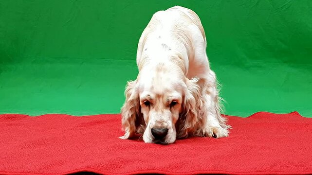 Relaxed Cocker Spaniel Dog Laying on a Red Rug with a Vibrant Green Screen Background