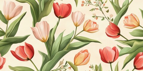 Obraz premium Beautiful botanical illustration of colorful tulips with delicate leaves and soft pastel background