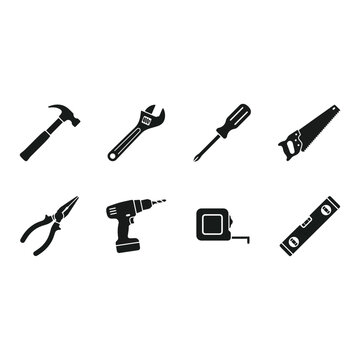 Set of 7 Black Construction Tools Icons, DIY Home Repair and Building Equipment Vector Graphics