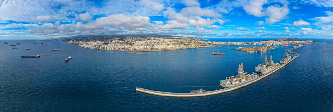 Ultra-Wide Aerial Panorama of Port of Las Palmas; Oil Refinery, Drillships, and Global Maritime Logistics