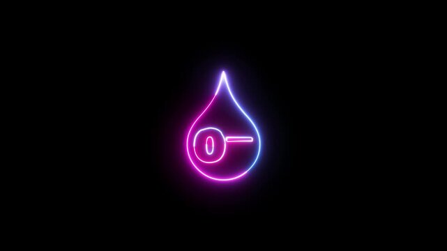 Neon outline of a blood drop with a hyphenated zero inside, on black background