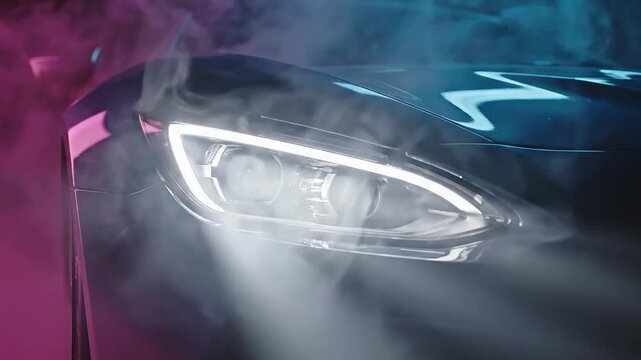 closeup of led headlights of a car illuminate colored smoke, light through fog, sports car turns on headlights, background or wallpaper with automobile