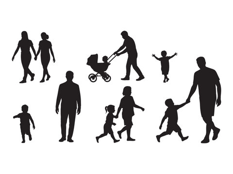 Collection of black silhouettes depicting family members, including parents walking with children, a father pushing a baby stroller, and kids playing, isolated on a white background