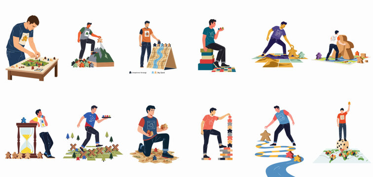 Set of flat vector illustrations featuring a man interacting with various board game components like meeples, dice, hourglasses, and different game boards.