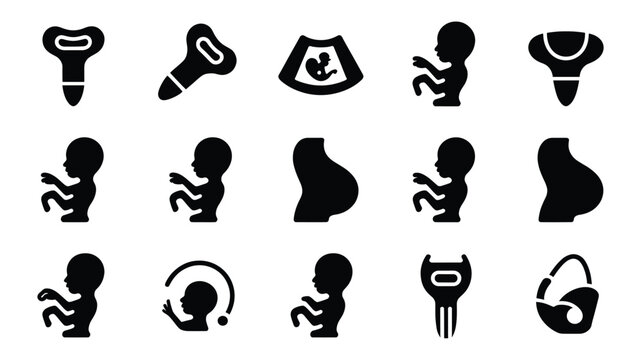 Set of 15 Black Human Fetus and Ultrasound Icons Vector