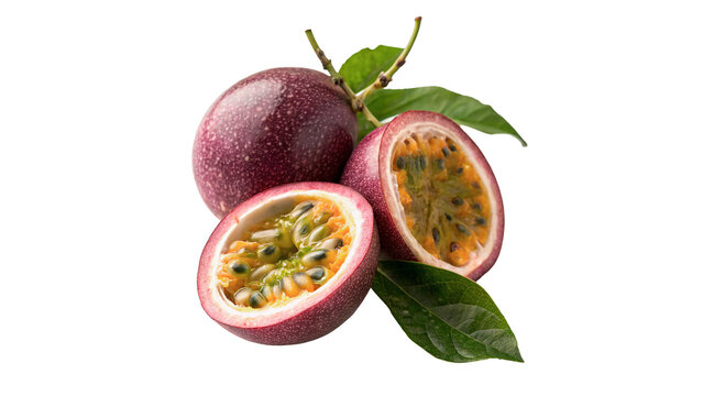 Two fresh passion fruit with one halved to show purple skin and yellow pulp with seeds isolated on transparent background