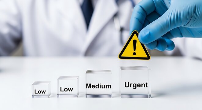 Medical professional wearing blue gloves places a yellow caution warning sign on top of a clear glass block labeled urgent to signify critical healthcare priority levels in a clinical setting