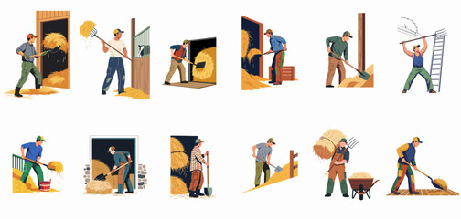A collection of illustrations showing male farm workers using pitchforks and shovels to move hay and straw in various barn settings. © Jamal
