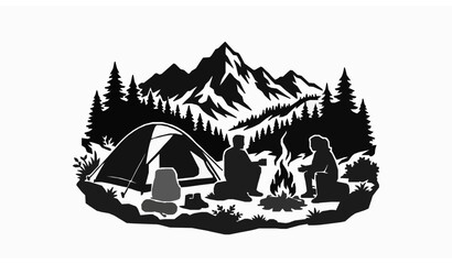Camping silhouette scene with campfire tent and people in mountains vector illustration © MdShojib