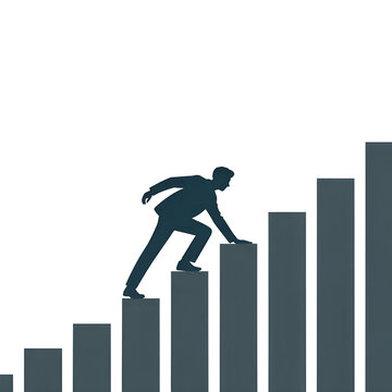 Businessman climbing up a bar graph chart isolated on transparent background