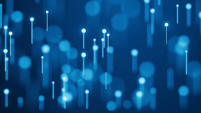 Colorful lines and dots floating in a blue background create a digital scene with abstract patterns in a modern design.