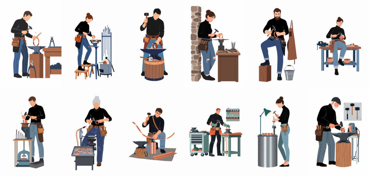 Diverse set of male and female blacksmiths and metalworkers using hammers and anvils to craft products in workshops, flat vector illustration collection.